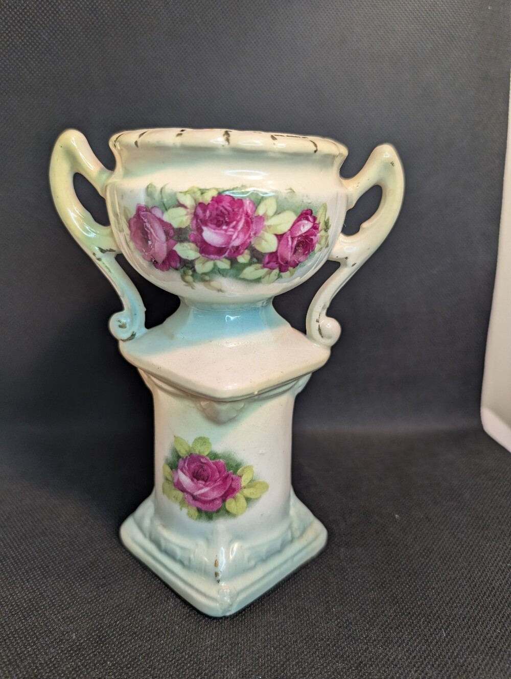 Czechoslovakian Rose Floral with Green Accents Urn Pottery Vase With Gold Trim
